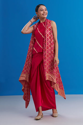 Fuchsia Pink Banarasi Co-ord Set with Tie-Dye Work