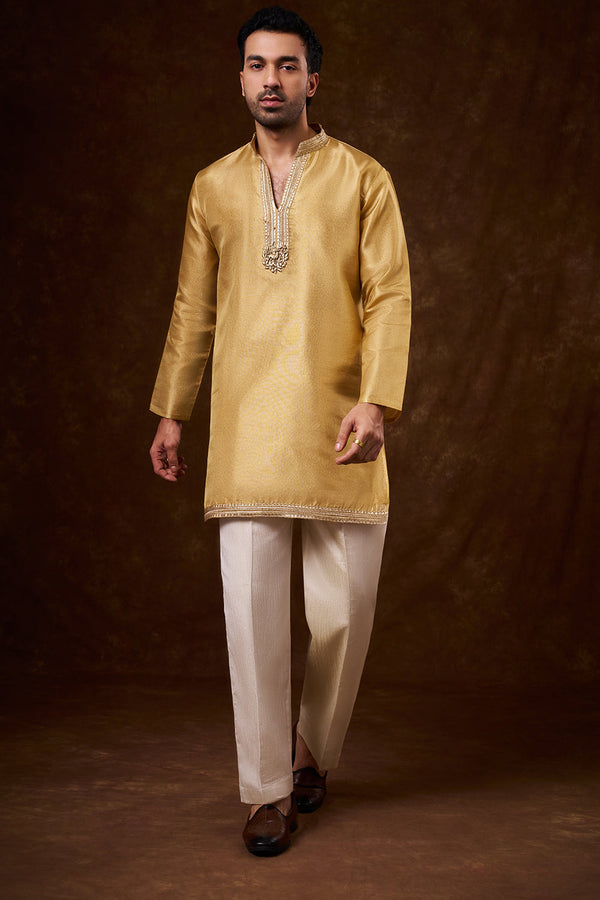 Gold Net Men's Kurta Set with Dori Work