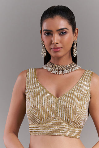 Gold Shimmer Blouse with Sculpted Linear Detailing