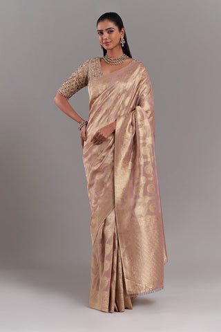 Mauve Gold Shimmer Organza Printed Saree with Stitched Blouse