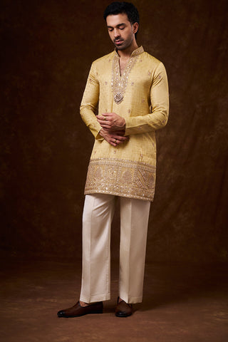 Gold Tissue Silk Men's Kurta Set with Cutdana Work