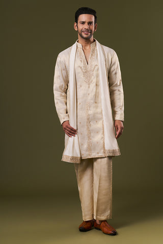 Golden Brocade Mens Kurta Set with Zardosi and Stone Embroidery