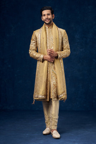 Golden Raw Silk Embellished Groom Sherwani with Mirror and Sequin Work