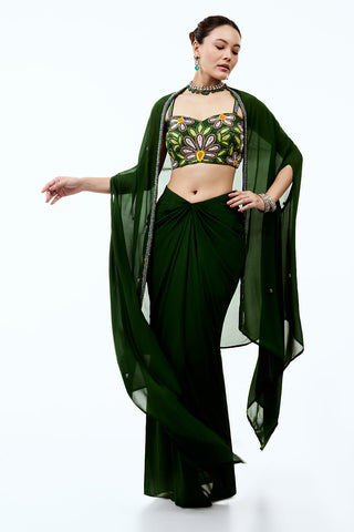 Green Georgette Indo Western Set with Pearl Cutdana Floral Work