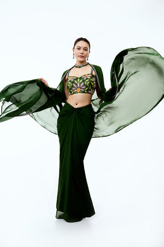 Green Georgette Indo Western Set with Pearl Cutdana Floral Work