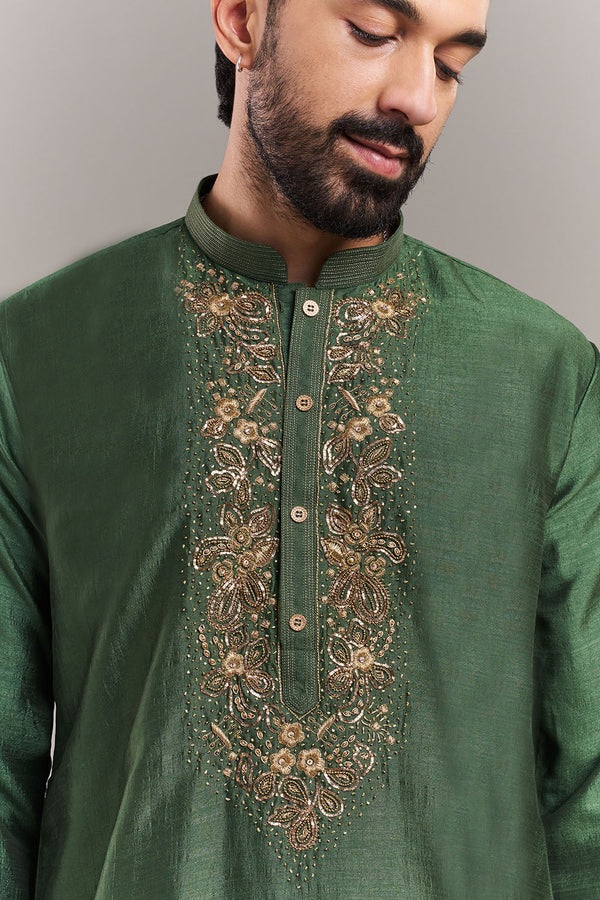 Green Silk Blend Ornate Yoke Men's Kurta Set