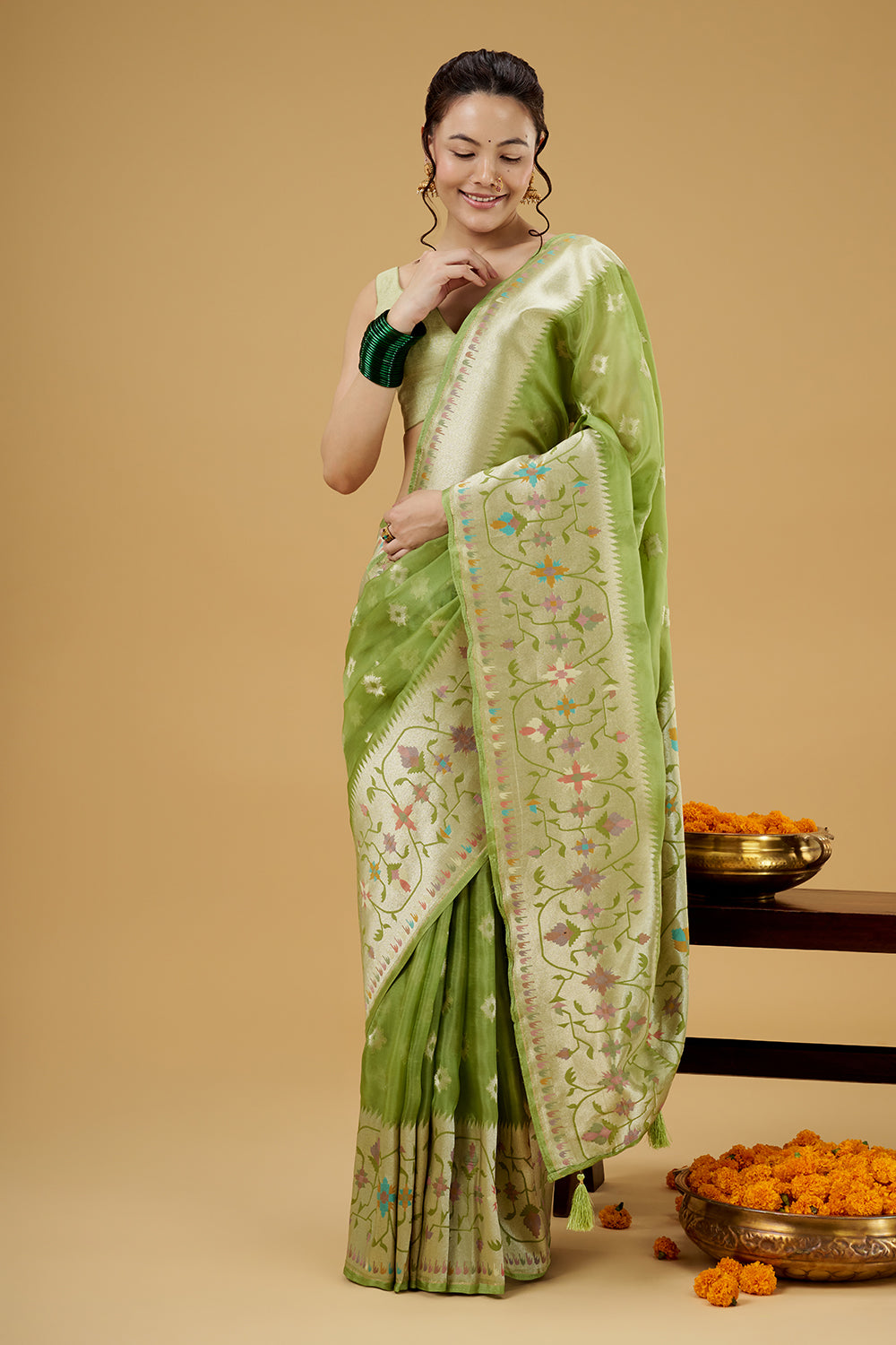 Green Tissue Saree with Multicolor Thread Work