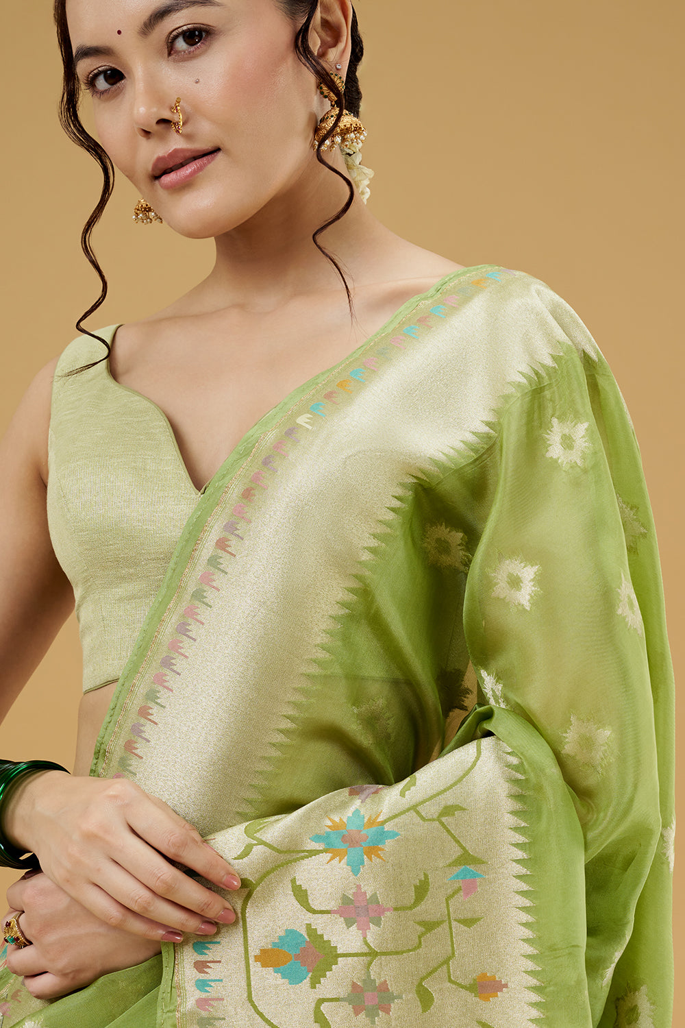 Green Tissue Saree with Multicolor Thread Work