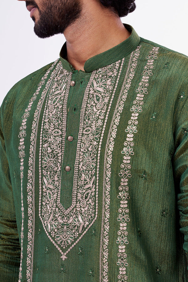 Green Tissue Silk Men's Kurta Set with Dori And Resham Work