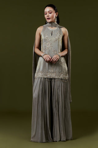 Grey Net Kurta Set with Moti Cutdana and Sequins