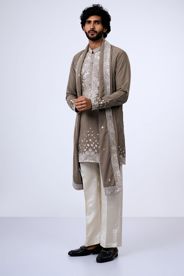 Grey Polyester Cotton Zari Embroidered Kurta Set with Stole