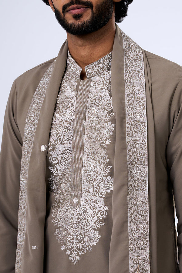 Grey Polyester Cotton Zari Embroidered Kurta Set with Stole