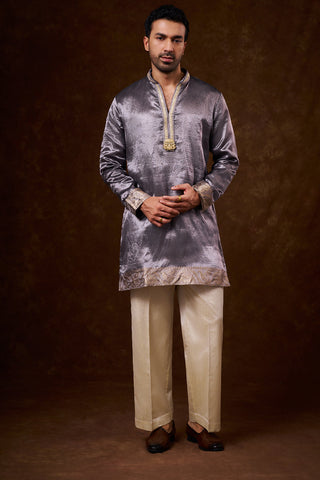 Grey Tissue Silk Men's Kurta Set with Lace Detailing