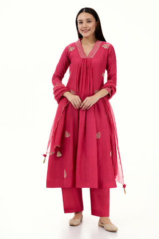 Hot Pink Mul Cotton Kurta Set with Zardosi and Bead Work