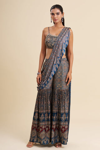 Indigo Blue Satin Modal Fusion Set with Ajrakh Work