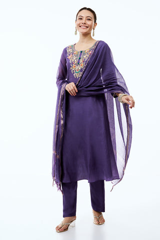 Indigo Chanderi Silk Suit Set with Cutdana and Gotta Work