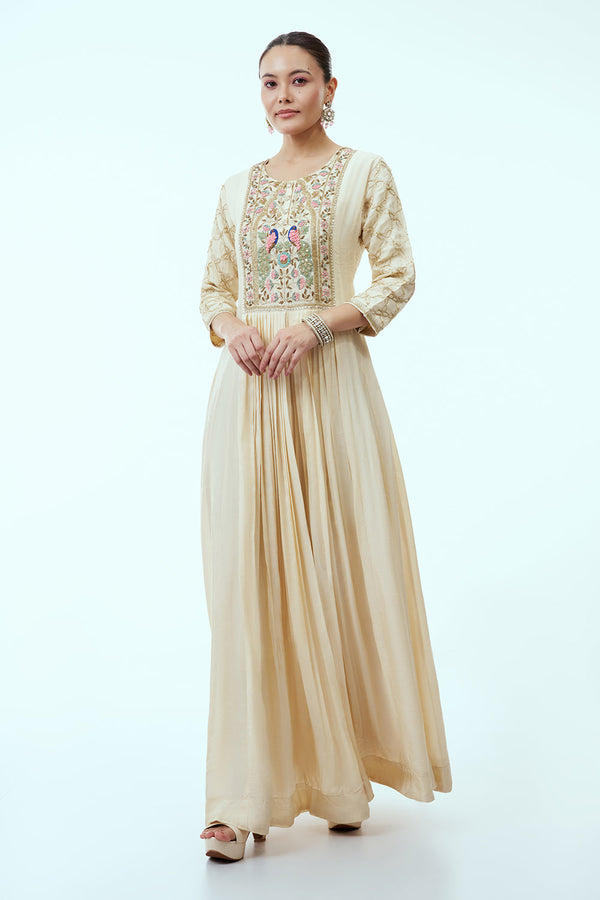 Ivory Anarkali with Multicoloured Peacock Embroidery