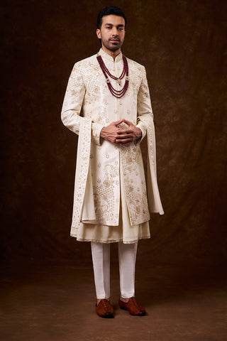 Ivory Art Silk Groom’s Sherwani with Dori Work