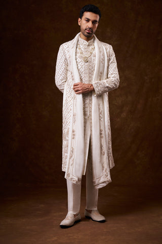 Ivory Art Silk Groom’s Sherwani with Zari Work