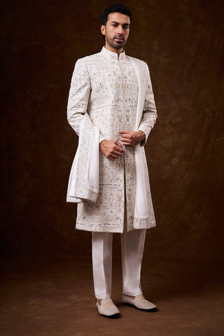 Ivory Nokia Silk Groom’s Sherwani with Mirror Work