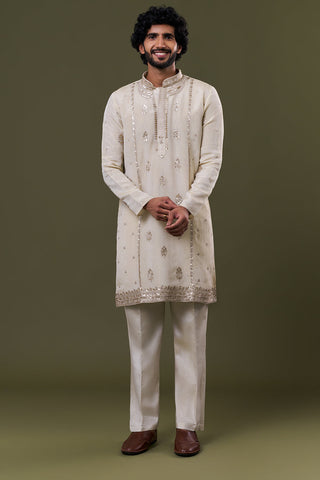 Ivory Polyester Cotton Resham Zari Embellished Kurta Set