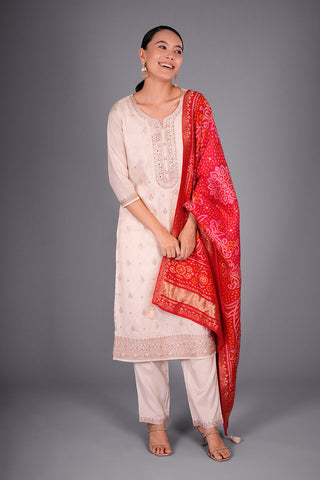 Ivory Self Jacquard Kurta Set with Zari and Mirror Work