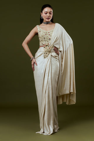 Ivory Shimmer Lycra Ready Pleated Saree with Rhinestone and Pearl Embellishments