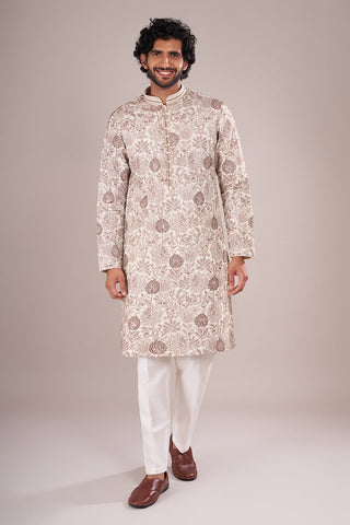 Ivory Silk Blend Men's Kurta Set with Nature-Inspired Threadwork