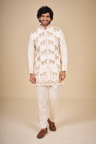 Ivory Silk Men Bundi Set with Zari Embroidery