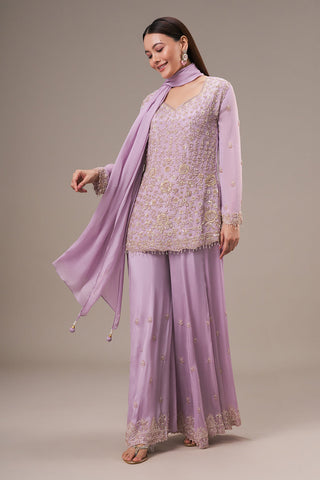 Lavender Chinon Palazzo Suit with Pearl and Zardosi Work