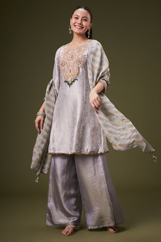 Lavender Grey Brocade Palazzo Suit with Zardosi and Gota Work
