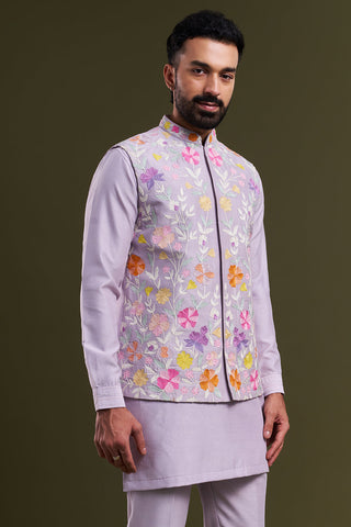 Lavender Nokia Silk Dori Work Men's Kurta with Jacket