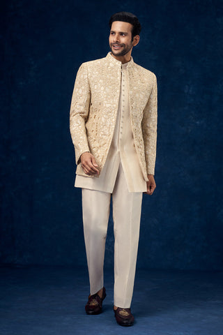 Light Beige Viscose Mens Jodhpuri Set with Cutwork and Sequin Work