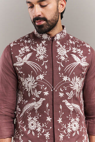 Light Brown Cotton Jute Bird Motif Men's Kurta with Jacket