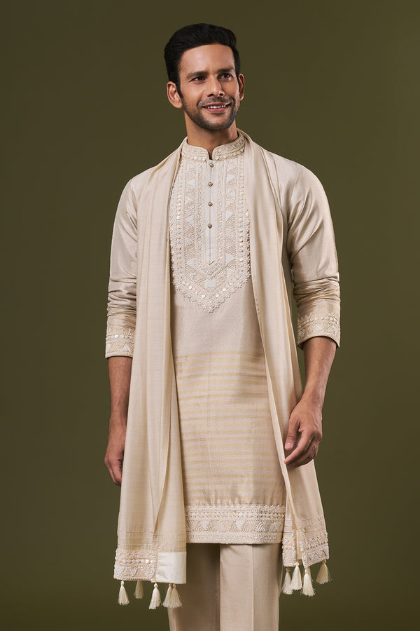 Light Copper Shimmer Mens Kurta Set with Pearl Embroidery