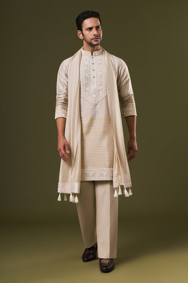 Light Copper Shimmer Mens Kurta Set with Pearl Embroidery