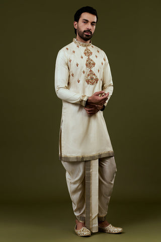 Light Cream Kurta Dhoti Set with Temple Motif Embroidery