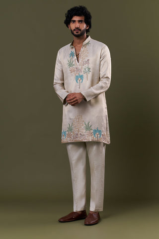 Light Gold Brocade Georgette Tropical Embellished Kurta Set