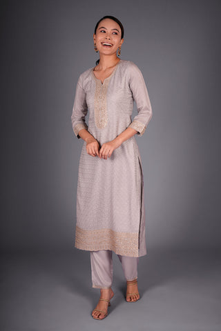 Light Grey Resham-Woven Kurta Set with Resham Embroidery