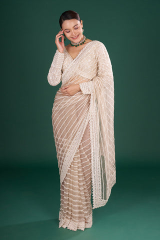 Champagne Net Embroidered Saree with Stripe Pattern and Stitched Blouse