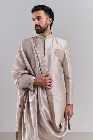 Light Nude Art Silk Embroidered Sherwani