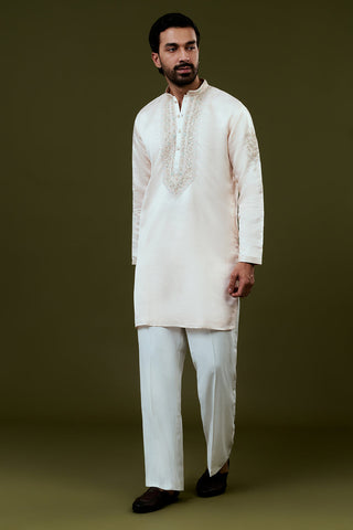 Light Peach Silk Mens Kurta Set with Resham and Hand Embroidery
