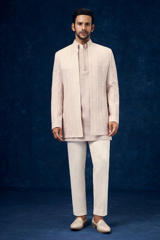 Light Pink Art Silk Mens Indo Western Set with Chikankari Work