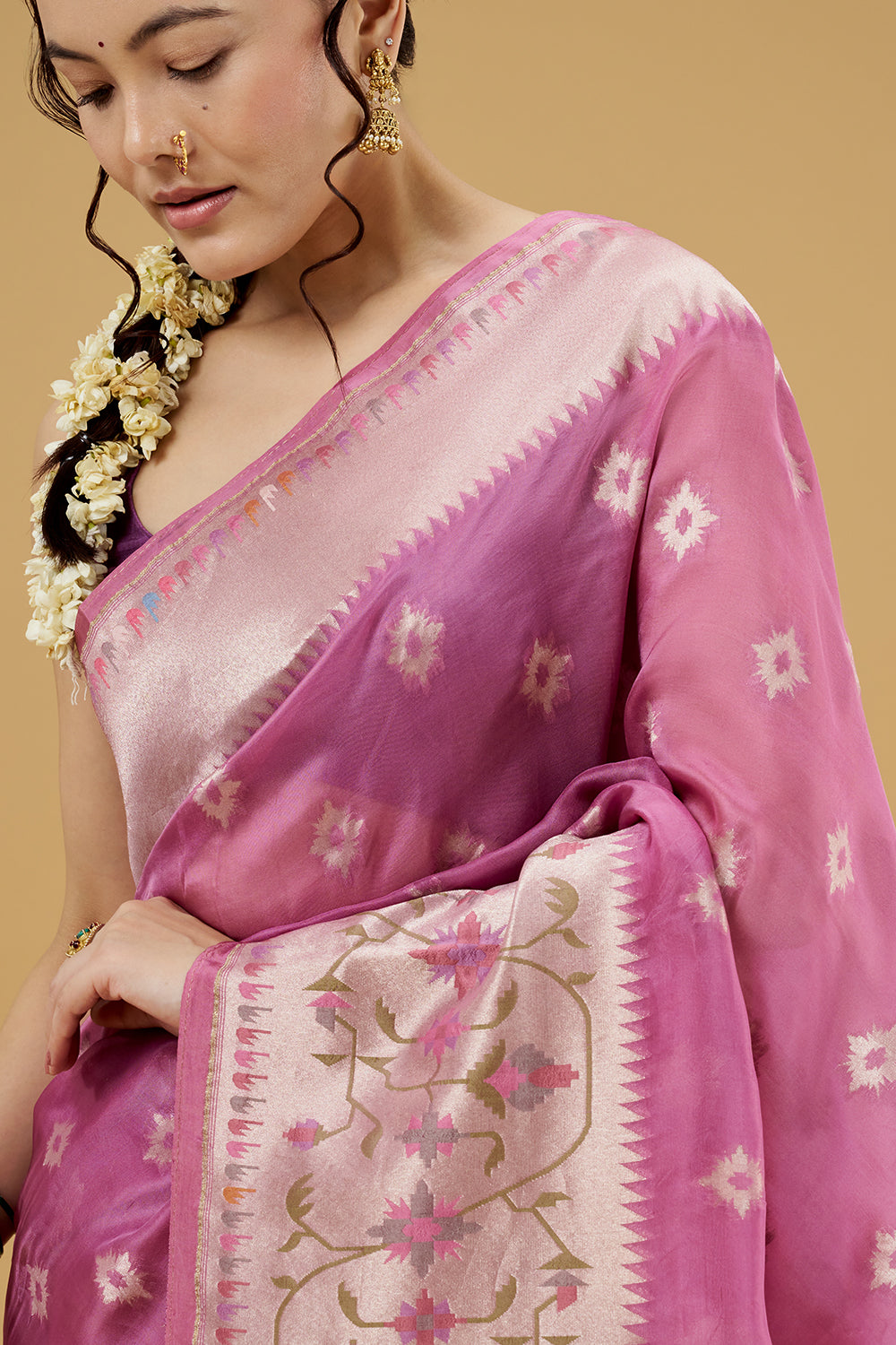Light Wine Colored Tissue Saree with Thread Work