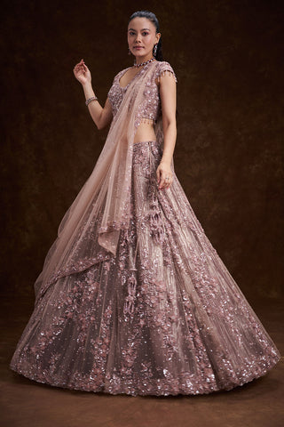 Lilac Net Bridal Lehenga with 3D Floral Work