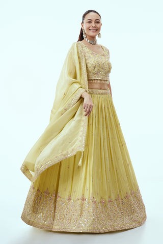 Pastel Yellow Tissue Lehenga with Zari and 3D Tiki Work