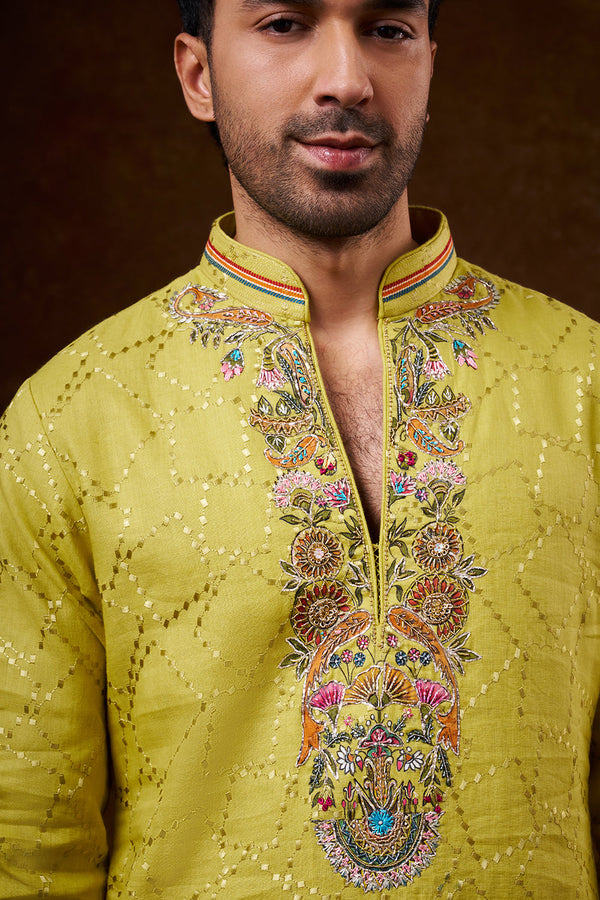Lime Green Linen Men's Kurta Set with Brush-Painted Detailing