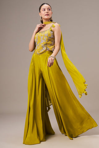 Lime Yellow Crepe Crop Top Set with Zari and Cutdana Work