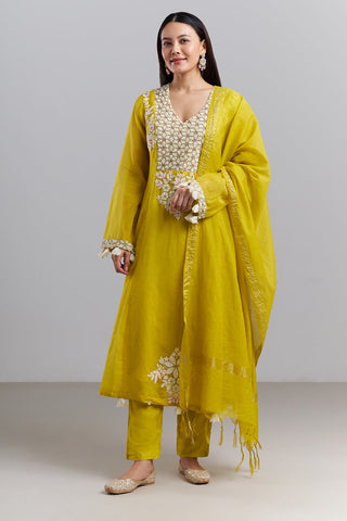 Lime Yellow Embroidered Kurta Pant Set with Dupatta