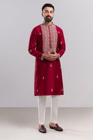 Crimson Red Art Silk Men's Kurta Set with Ornate Front Panel